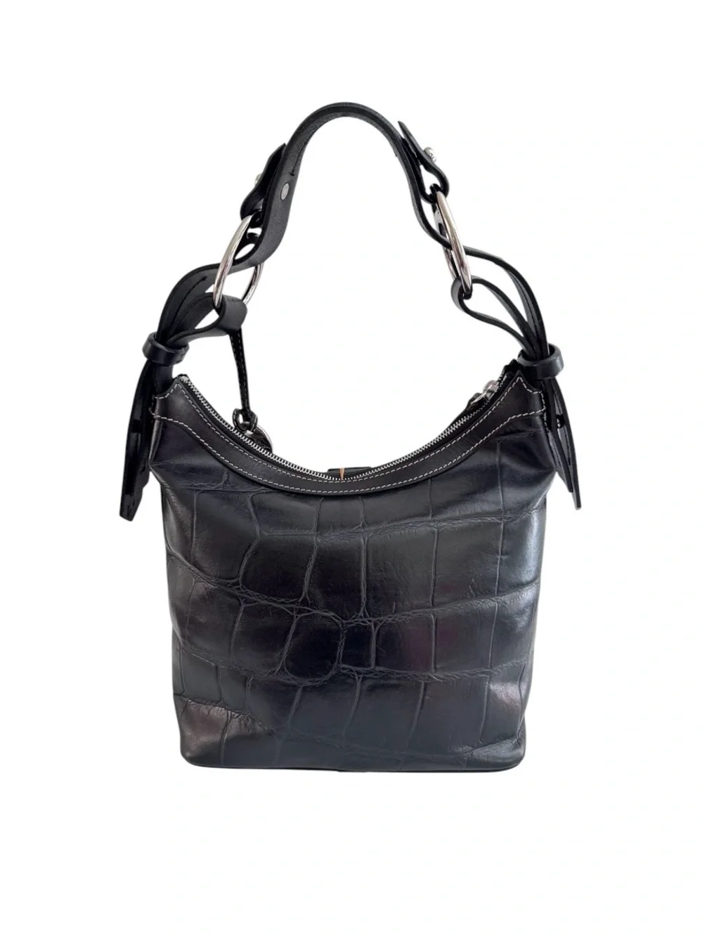 Dooney & Bourke Black Croc Embossed Leather Hobo Shoulder Bag